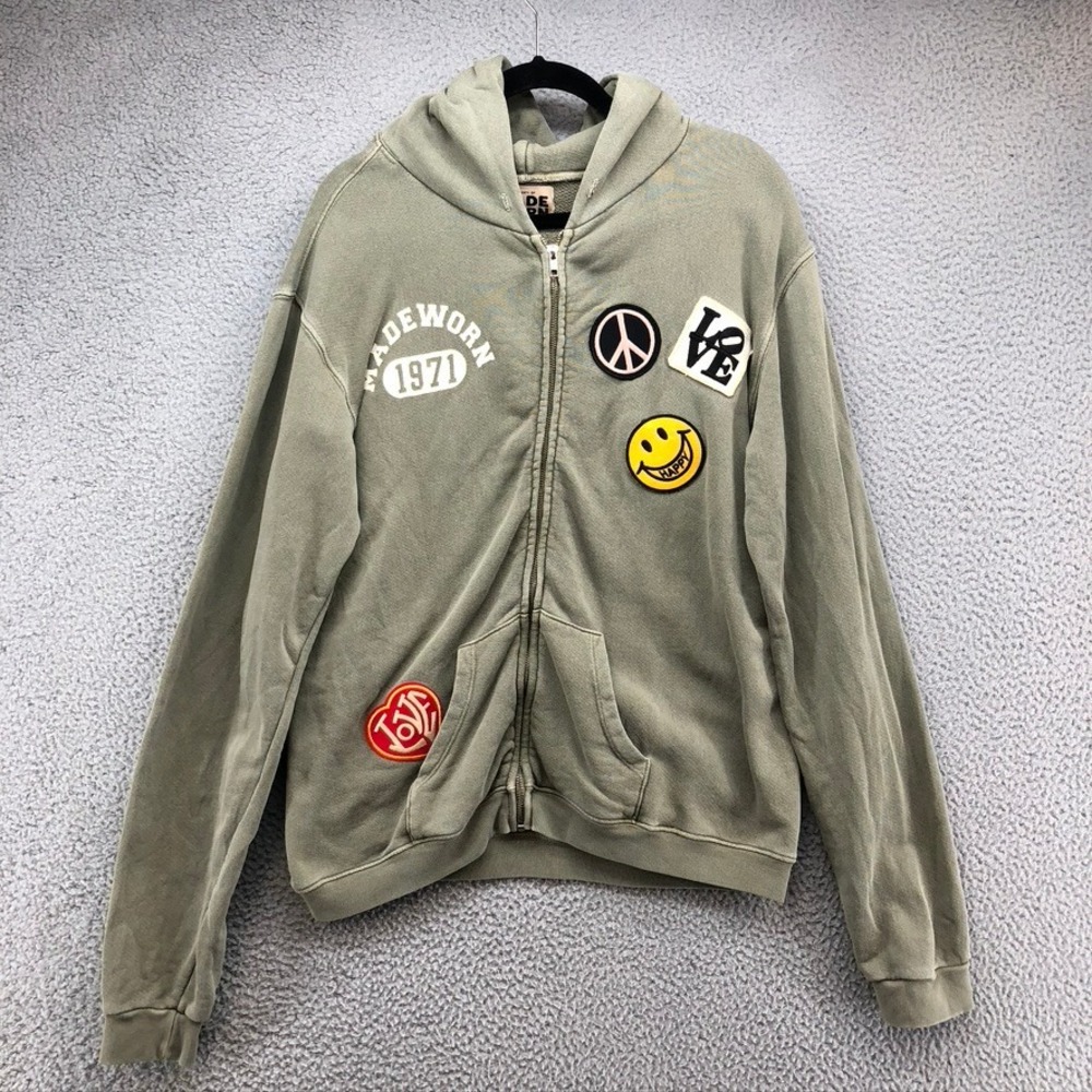Madeworn Zip Up‎ Hoodie Mens Medium Olive Green Patchwork Retro Streetwear USA